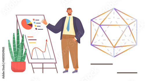 Man presenting analysis with charts on easel next to indoor plant and geometric shape. Ideal for business, education, growth, creativity, planning, data visualization, trend. Simple flat metaphor