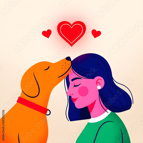 A heartwarming illustration of a dog affectionately nuzzling a woman's head, surrounded by glowing hearts, symbolizing pure love and companionship