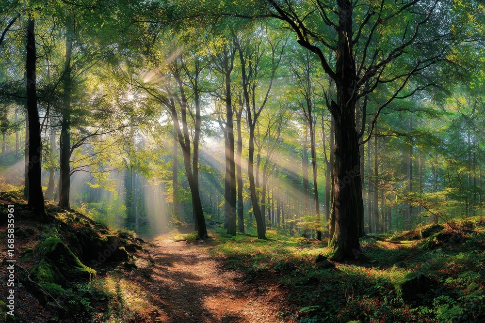 Obraz premium Sunlight filtering through trees in a lush forest during a tranquil morning, creating a serene and peaceful atmosphere