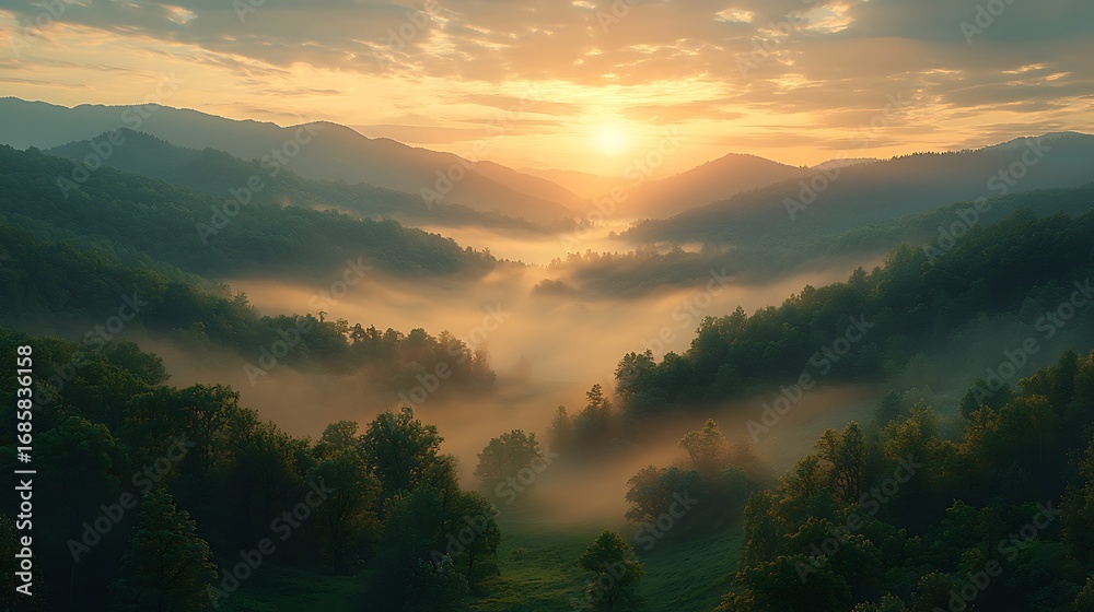 Obraz premium A surreal fog-covered valley at sunrise, rolling hills fading into the mist, golden light painting the landscape.