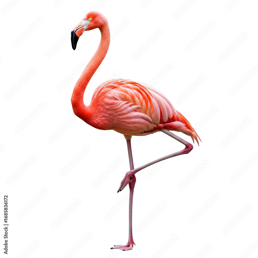 Fototapeta premium PNG of elegant flamingo balancing on one leg, detailed feathers, isolated cut-out on transparent background