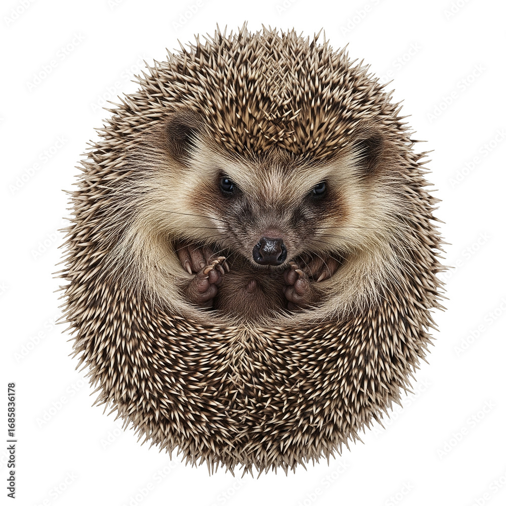Obraz premium PNG hedgehog in ball position, spiky coat texture, transparent cut-out for creative projects