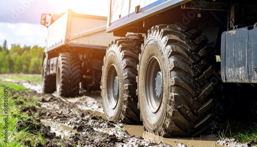 Large heavy-duty trucks navigate a muddy field path, their massive tires leaving a trail of wet soil.