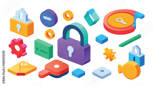 Assortment of isometric security and digital icons with locks keys and gears minus