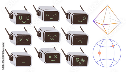 Cartoon robots display various facial emotions, nearby geometric shapes, and a globe with nodes. Ideal for technology, AI, connectivity, communication, emotions creativity futuristic design. A