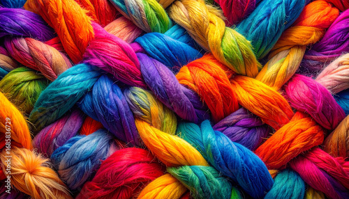 Richly textured abstract background of vibrant, colorful, and intertwined ropes.