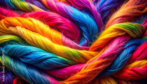 Richly textured abstract background of vibrant, colorful, and intertwined ropes.