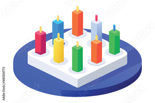Colorful Isometric Birthday Candles Arranged on a White Holder with Blue Base celebration