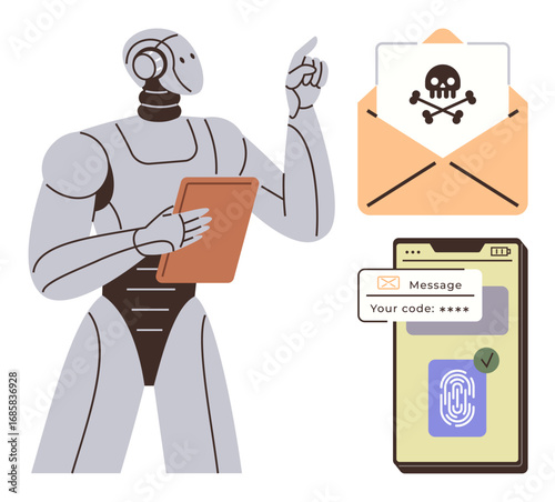 Robot holding tablet pointing at open phishing email, phone entry verification with fingerprint and code. Ideal for cybersecurity, AI, data protection, ethics, phishing defense, authentication