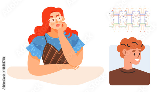 Woman resting chin on hand, contemplating, with a complex futuristic tech graphic and a separate human portrait. Ideal for creativity, decision-making, innovation, technology, self-reflection, human