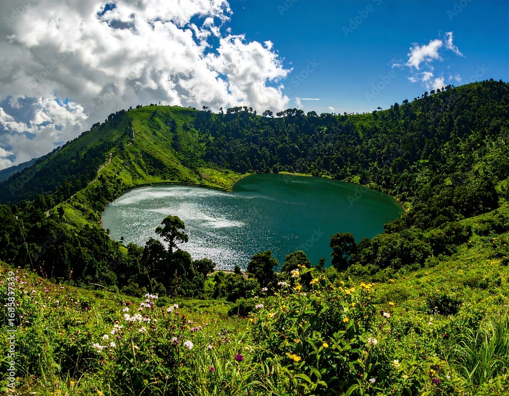 Obraz premium Scenic volcanic crater lake surrounded by lush greenery