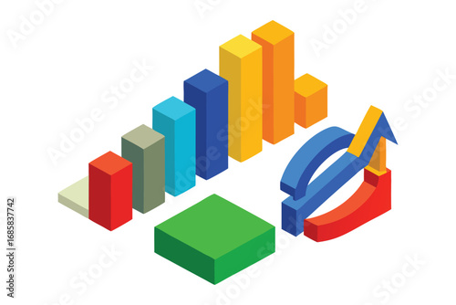 Isometric bar chart and upward trending arrow with graph elements data statistics