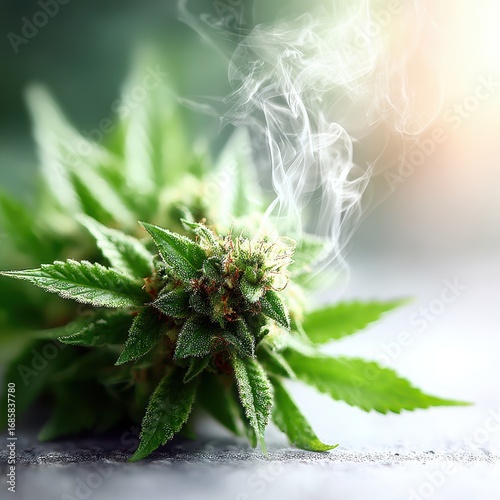 Close-up of Cannabis Bud with Trichomes and Smoke, Medical Marijuana