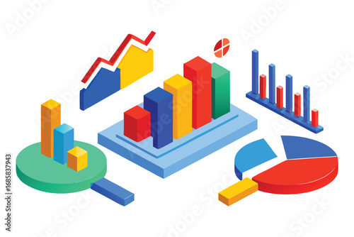 Isometric colorful bar charts line graphs and pie charts with magnifying glass Keywords: data analysis chart graph statistics
