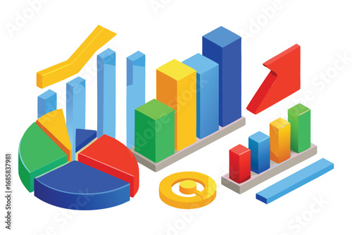 Isometric colorful bar charts pie chart and at symbol with upward arrow Keywords: data analysis chart graph statistics