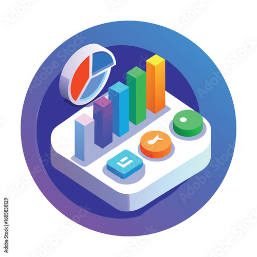 Isometric data visualization with pie chart and bar graph statistics analytics
