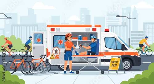 Cycling accident emergency response in city scene vector illustration design concept