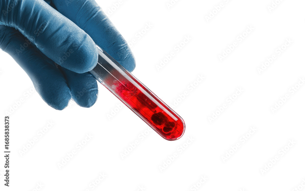 Obraz premium A gloved hand holds a test tube filled with a red liquid. The liquid appears viscous and contains small particles. Dark background