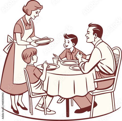 Warm and inviting illustration of a family gathered for a celebratory meal sharing food and conversation around a table