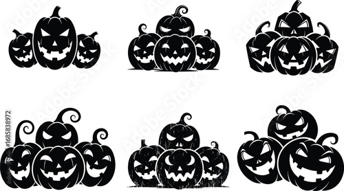 Eerie jack‑o‑lantern pumpkin group silhouette vector, spooky Halloween stacked pumpkins illustration with sinister grins festive autumn design