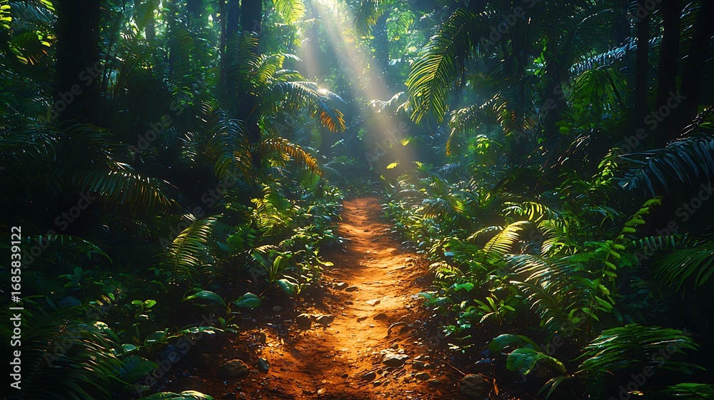 Obraz premium A narrow jungle path winding through dense tropical vegetation, with large ferns and towering trees.