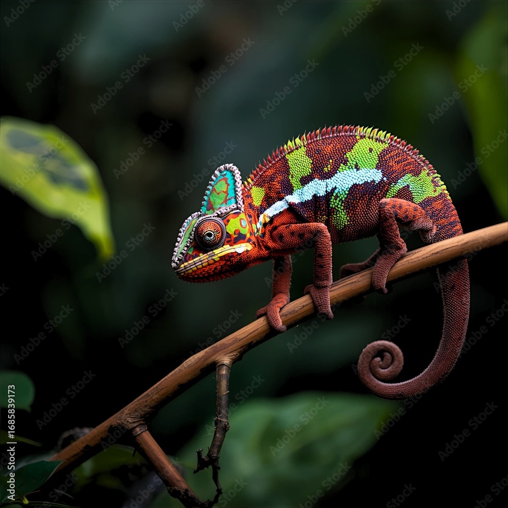 Fototapeta premium A colorful chameleon perched on the tip of a tree branch. The chameleon's body is dominated by a combination of contrasting colors, including green, blue, red, orange, and purple.