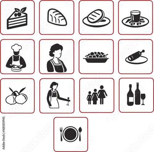 Collection of icons representing family gatherings meals and social drinking occasions
