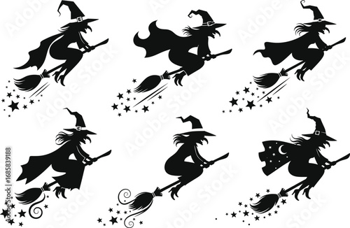 Flying witches silhouette set on broomsticks with stars and magical trails – Halloween witch vector collection.
