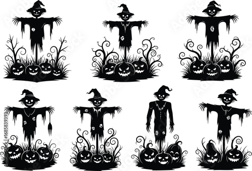 Halloween scarecrow silhouette collection with spooky pumpkin faces, creepy garden decorations, horror farmland scarecrow art vector design illustration