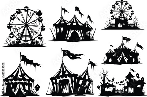 Haunted carnival silhouette vector, eerie funfair with Ferris wheel and tattered tents under moonlit horror sky, spooky amusement park design
