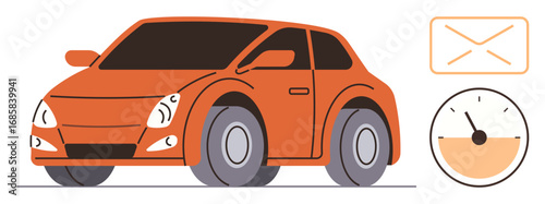 Orange compact car representing transportation, accompanied by an email icon and speedometer suggesting digital interaction, speed, and efficiency. Ideal for modern tech, delivery, mobility
