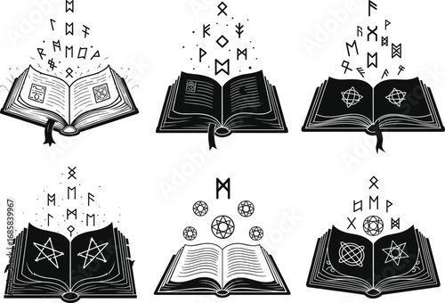 Mystical spellbook vector illustration—ancient open book with runes and alchemy symbols drifting upward, magical arcane fantasy design