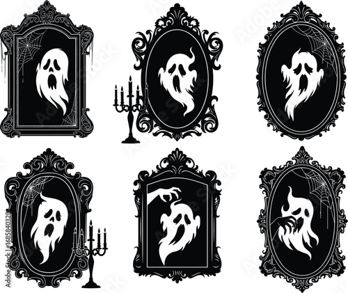 Spooky Halloween ghost in ornate mirrors with cobwebs and candles, haunted gothic frames, eerie supernatural spirits vector illustration set.