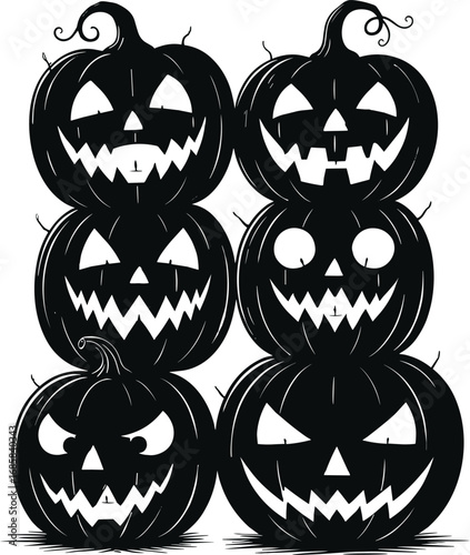 Spooky Halloween Jack-o'-Lantern Stack of Pumpkins with Scary Faces in Black Silhouette Vector Illustration Isolated on White Background