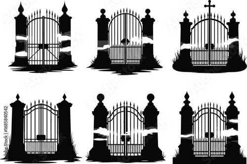 Spooky haunted cemetery gates silhouette set with fog and gothic pillars – Halloween horror entrance collection vector.