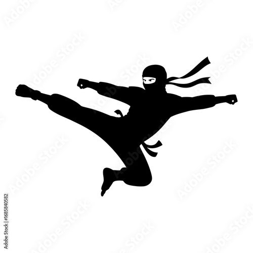 ninja in jumping kick pose silhouette vector illustration