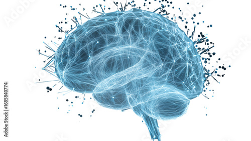 Digital brain illustration with neural network connections, AI concept. Isolated on transparent background, png
