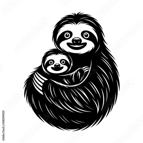 sloth and baby sloth hugging vector illustration black and white
