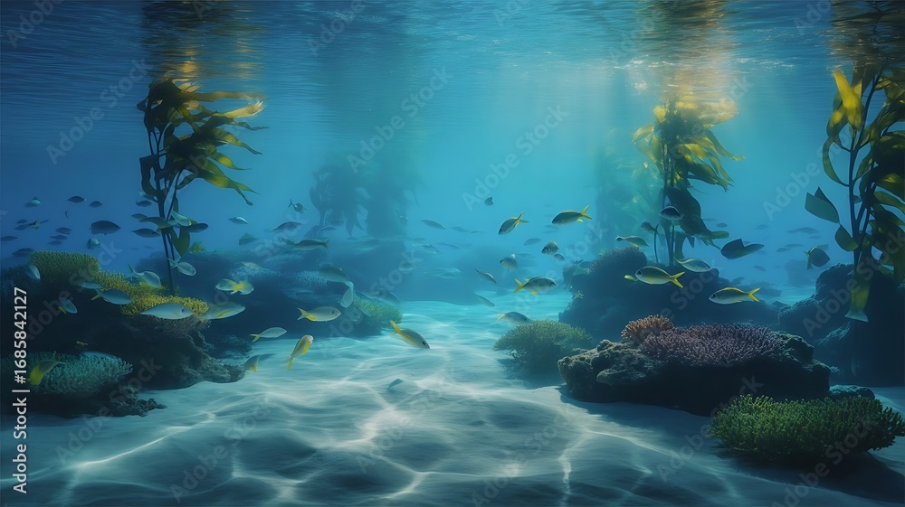 Fototapeta premium Underwater scene with fish swimming among kelp forest and sun rays shining through