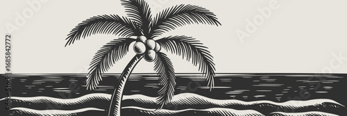 Vintage hand-drawn palm tree with coconuts and sea waves – Perfect for tropical travel art, vintage decor, or nautical branding