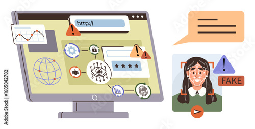 Computer monitor with phishing alerts, spyware, and fake content. Signs for hacking, cybersecurity failings, and fake identity detection. Ideal for fraud prevention, online privacy, digital safety
