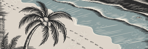 Vintage hand-drawn palm tree with coconuts on sandy beach – Suitable for retro travel posters, tropical lifestyle, or seaside prints