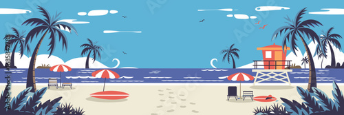 Flat vector summer beach with palm trees and lifeguard tower – Perfect for travel marketing, holiday design, or seaside lifestyle