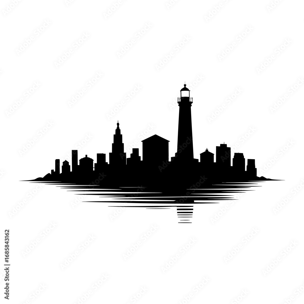 Naklejka premium coastal city skyline with lighthouse silhouette vector illustration