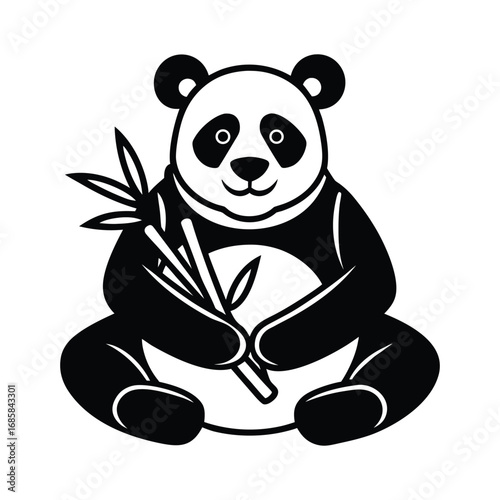 Adorable sitting panda holding bamboo branches in a simple line art style