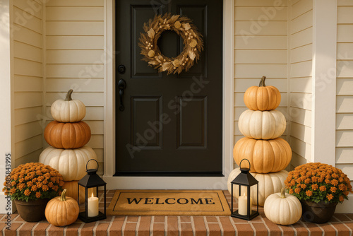Front porch decorated for fall with stacked pumpkins lanterns welcome mat and neutral wreath on door in photorealistic style