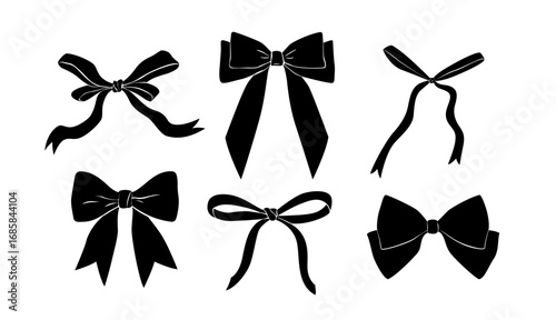Elegant bows silhouettes isolated. Black and white clip art. Vector illustration.