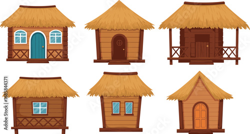 Collection of cartoon tropical wooden huts with thatched roofs, traditional rural bungalows, vector illustration set of small rustic houses