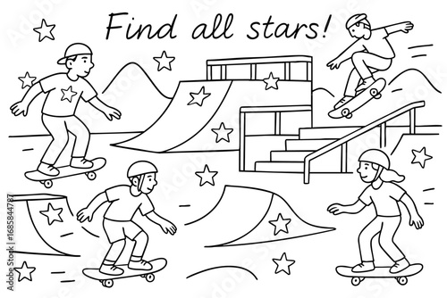 Simple line drawing of a skatepark with ramps skateboarders and helmets including hidden stars for kids activity.