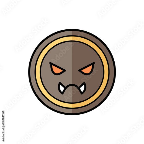Cartoon evil coin character with angry expression and fangs  